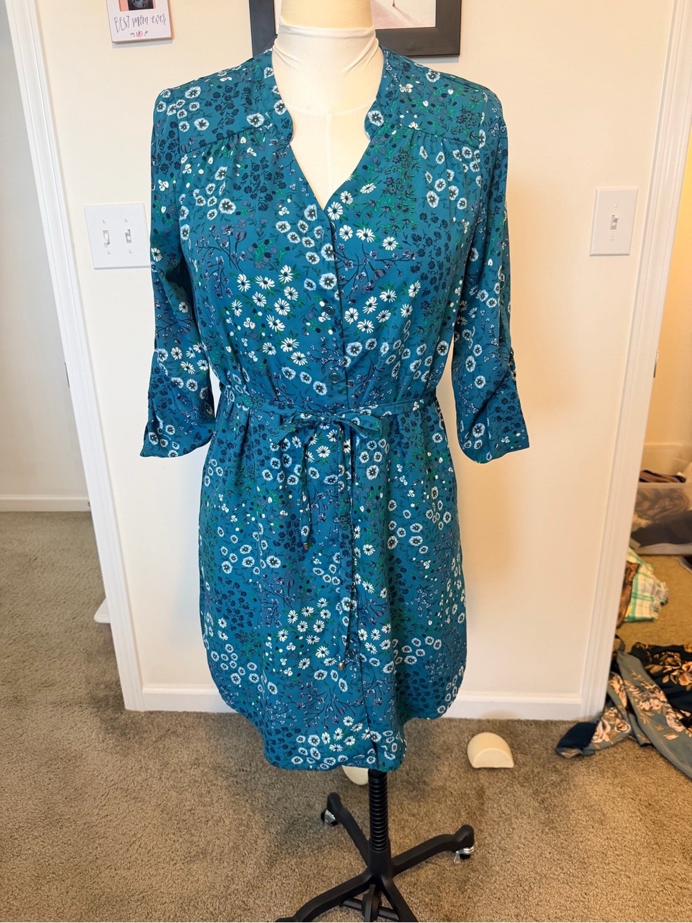 41 Hawthorn Teal Floral Midi Shirt Dress with Tie Waist